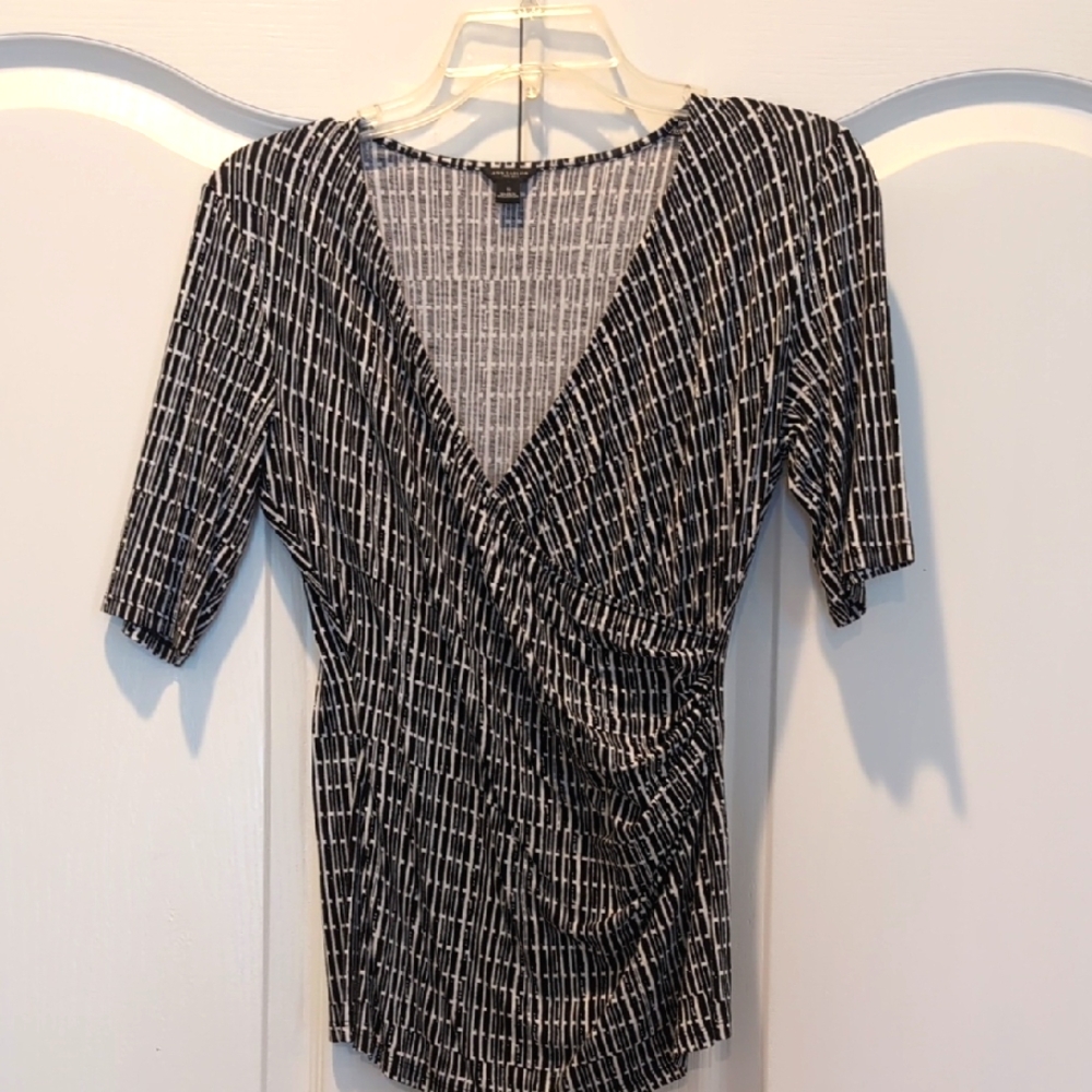 Ann Taylor Black and White Wrap Blouse with 3/4 Sleeves